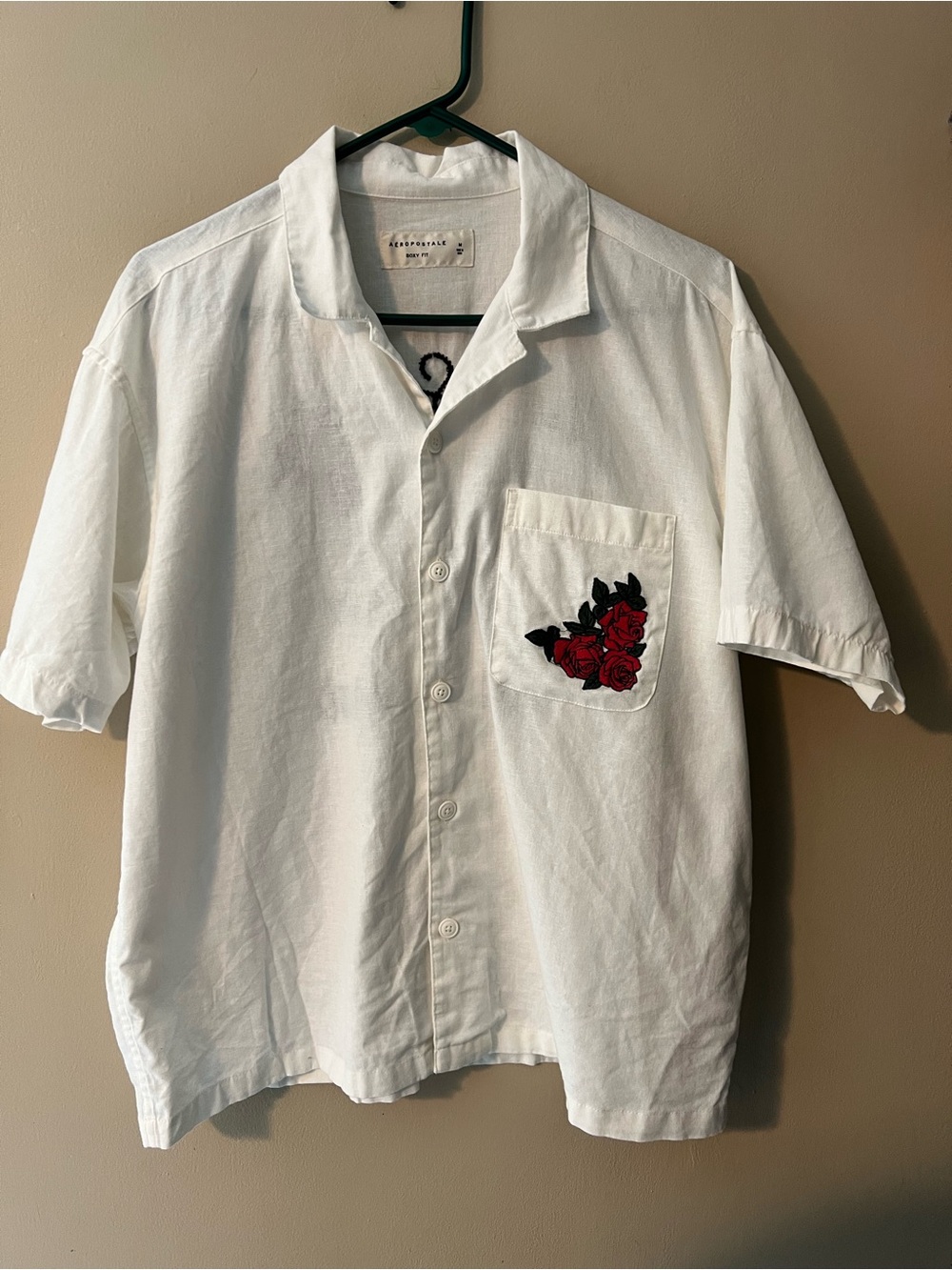 Aeropostale sz M Roses Auto Supply boxy fit, linen blend short sleeve camp shirt